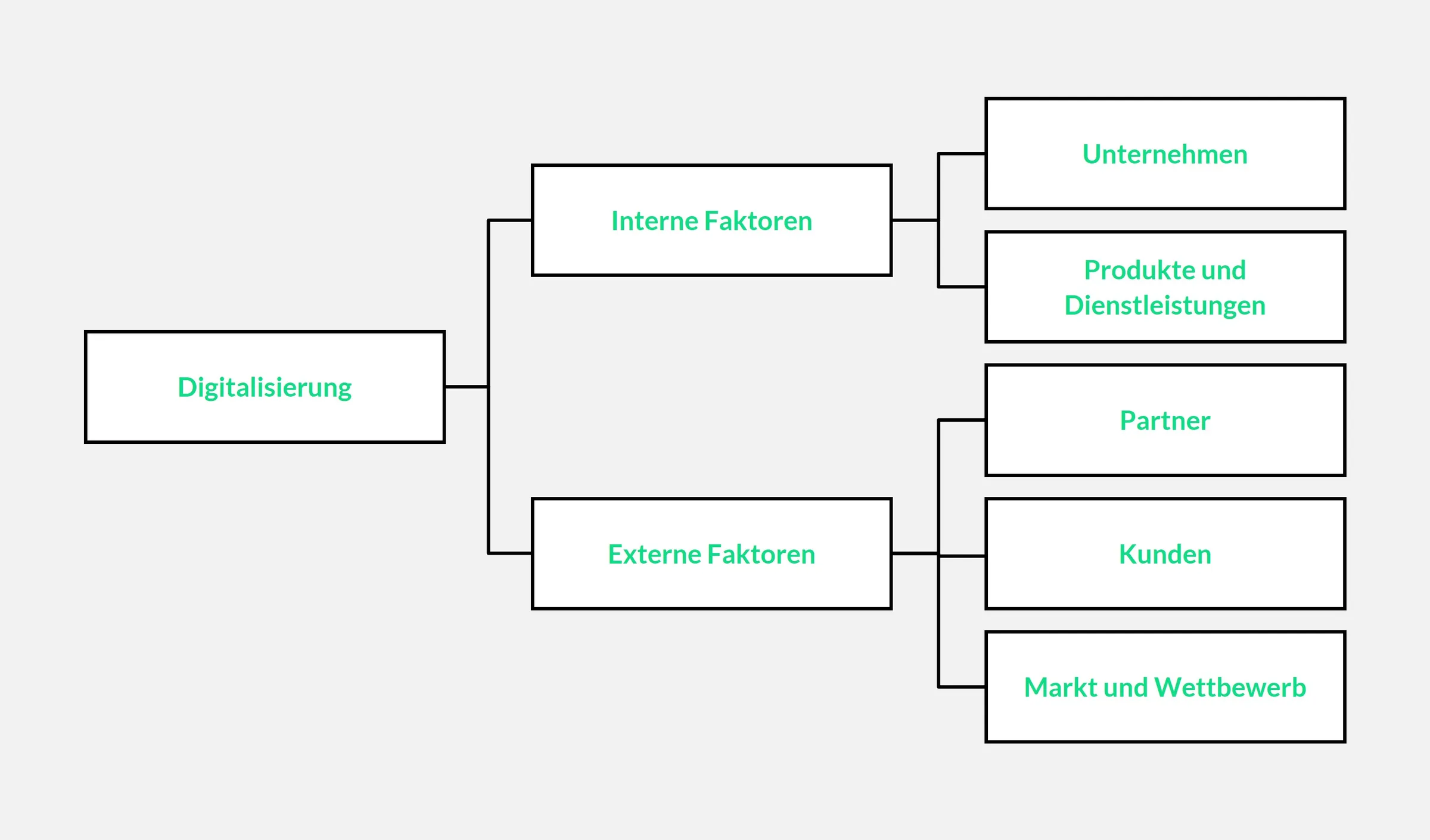 Struktur für den Case: Digitalisierung, aufgeteilt in interne Faktoren (Unternehmen, Produkte und Dienstleistungen) und externe Faktoren (Partner, Kunden, Markt und Wettbewerb)